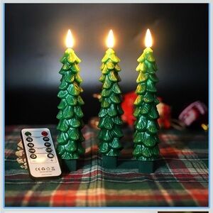 NWT Set of 3 Green Waxy Christmas Tree LED Candles with Remote Timer